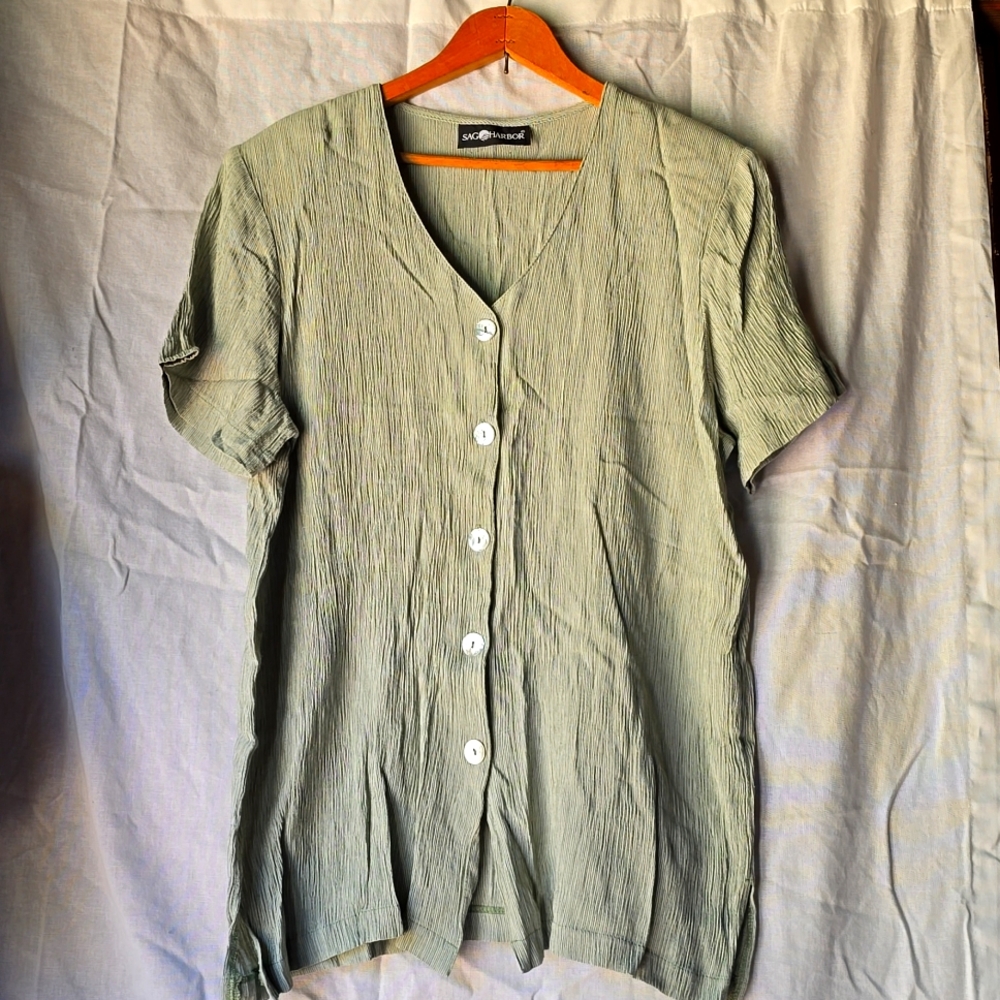Sag Harbor Sage Green Short Sleeve Button Front Blouse